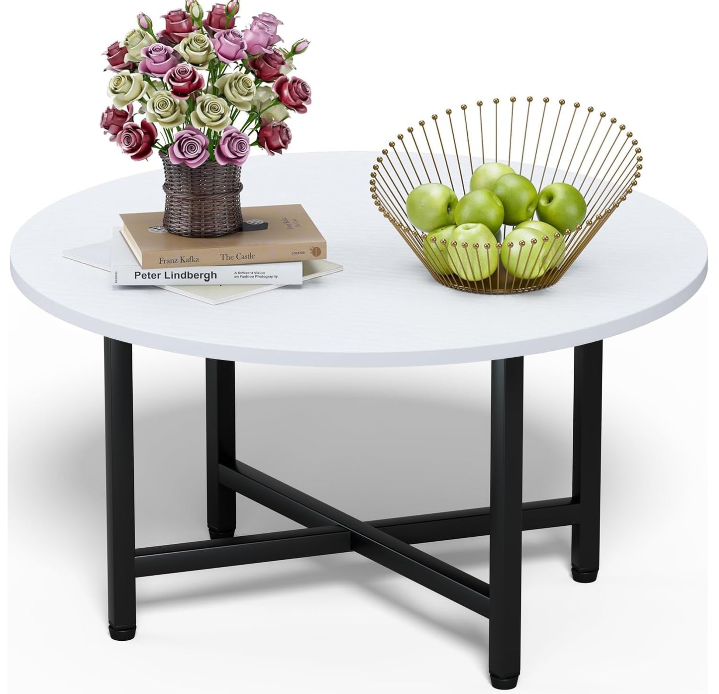 Round Coffee Table with Metal Frame for Living Room & Office