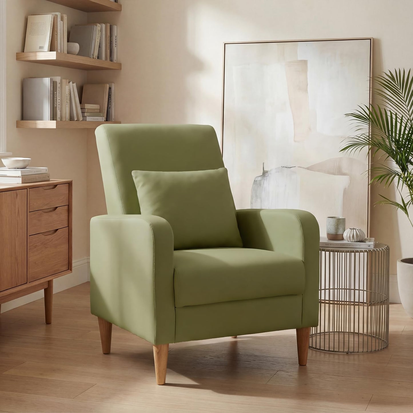 Mid Century Modern Upholstered Accent Chair with Wood Legs & Pillow