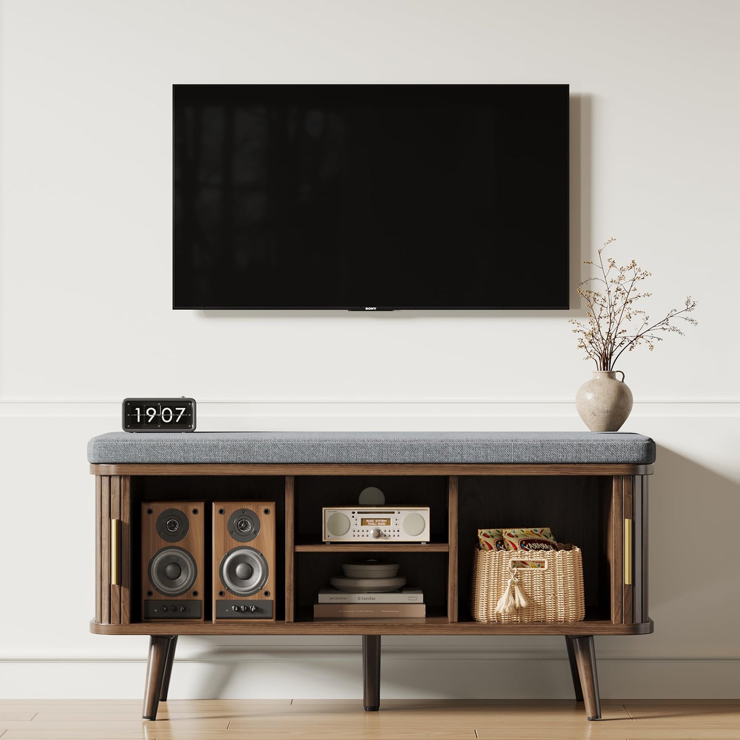 Decofy Storage Bench with Cushion and Sliding Doors