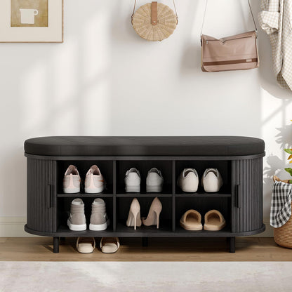 Fluted Shoe Storage Bench with Cushion, Sliding Door & Adjustable Shelf for Entryway