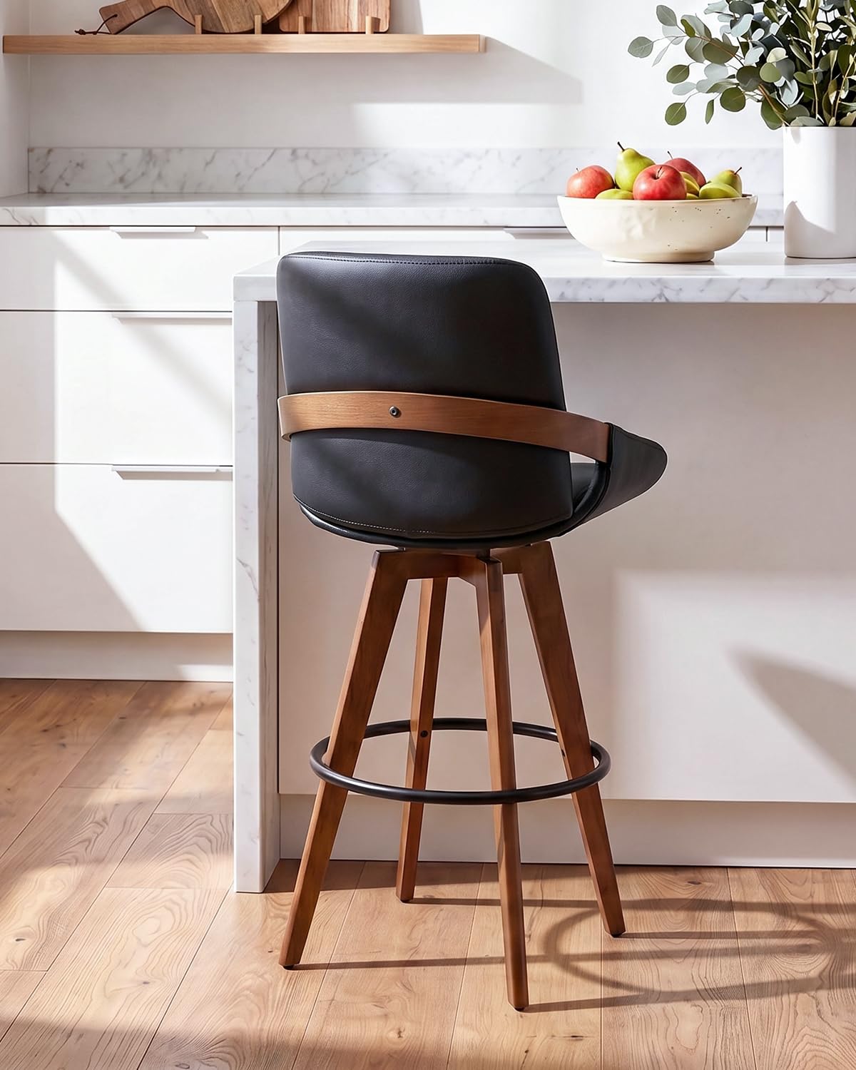 Mid Century Modern Swivel Bar Stools with Faux Leather Upholstery & Walnut Legs