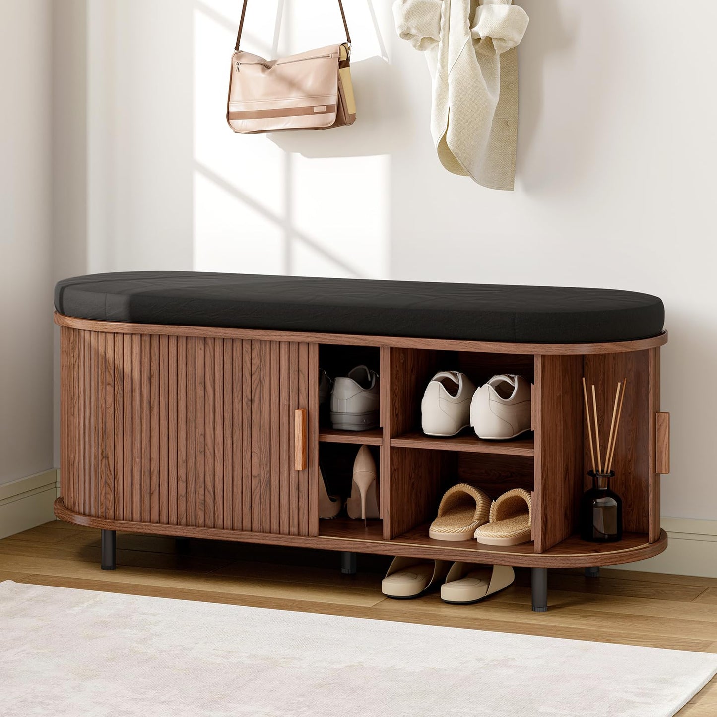 Fluted Shoe Storage Bench with Cushion, Sliding Door & Adjustable Shelf for Entryway