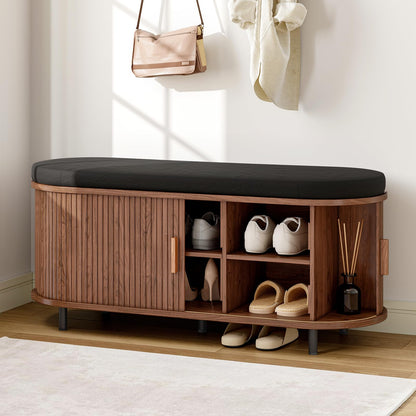 Fluted Shoe Storage Bench with Cushion, Sliding Door & Adjustable Shelf for Entryway