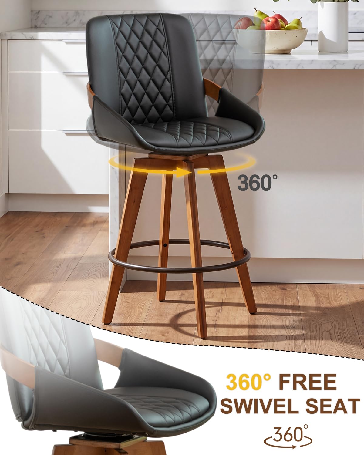 Mid Century Modern Swivel Bar Stools with Faux Leather Upholstery & Walnut Legs