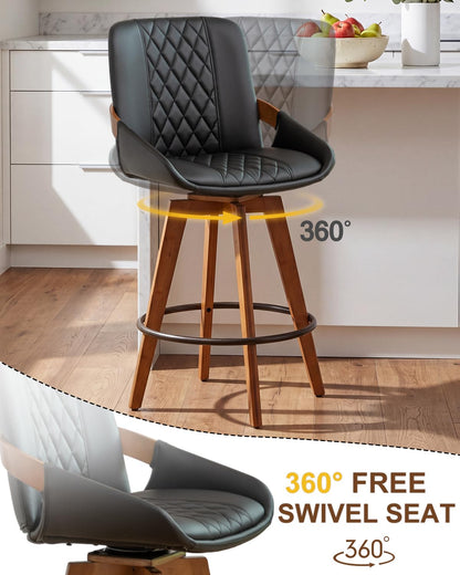 Mid Century Modern Swivel Bar Stools with Faux Leather Upholstery & Walnut Legs