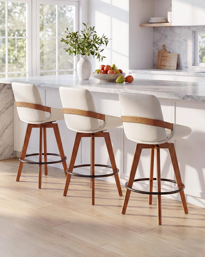 Mid Century Modern Swivel Bar Stools with Faux Leather Upholstery & Walnut Legs