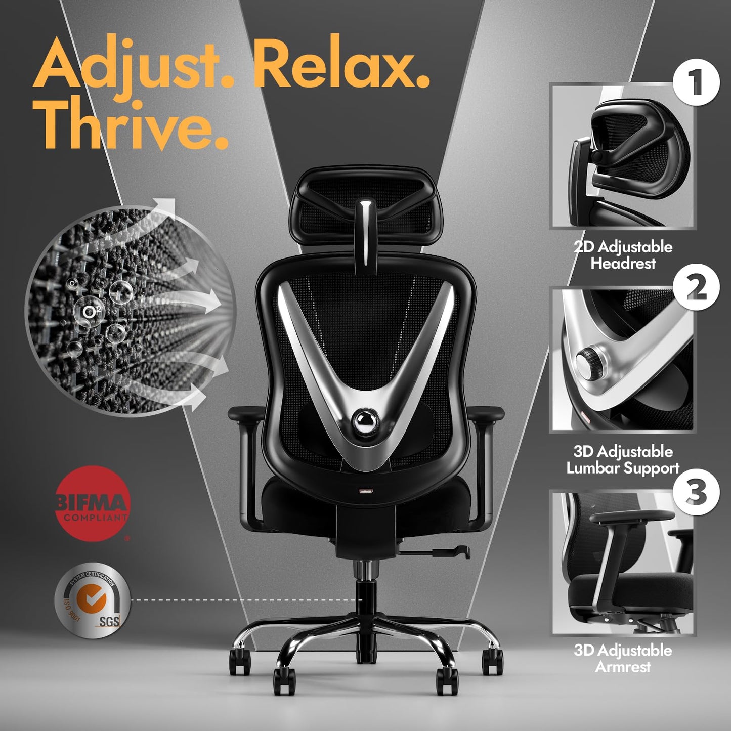 Ergonomic Office Chair with 3D Lumbar Support & Adjustable Armrests