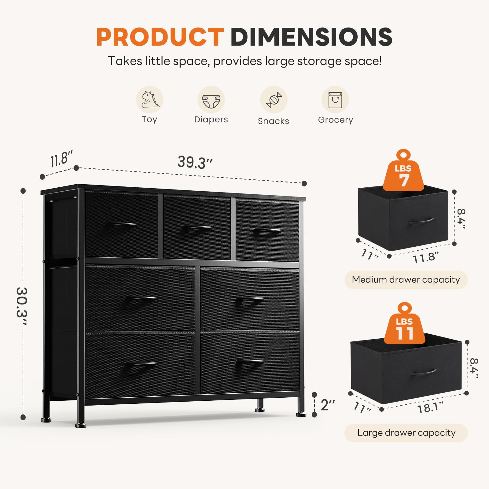 7 Drawer Fabric Dresser with Storage Bins and Steel Frame for Bedroom & Closet