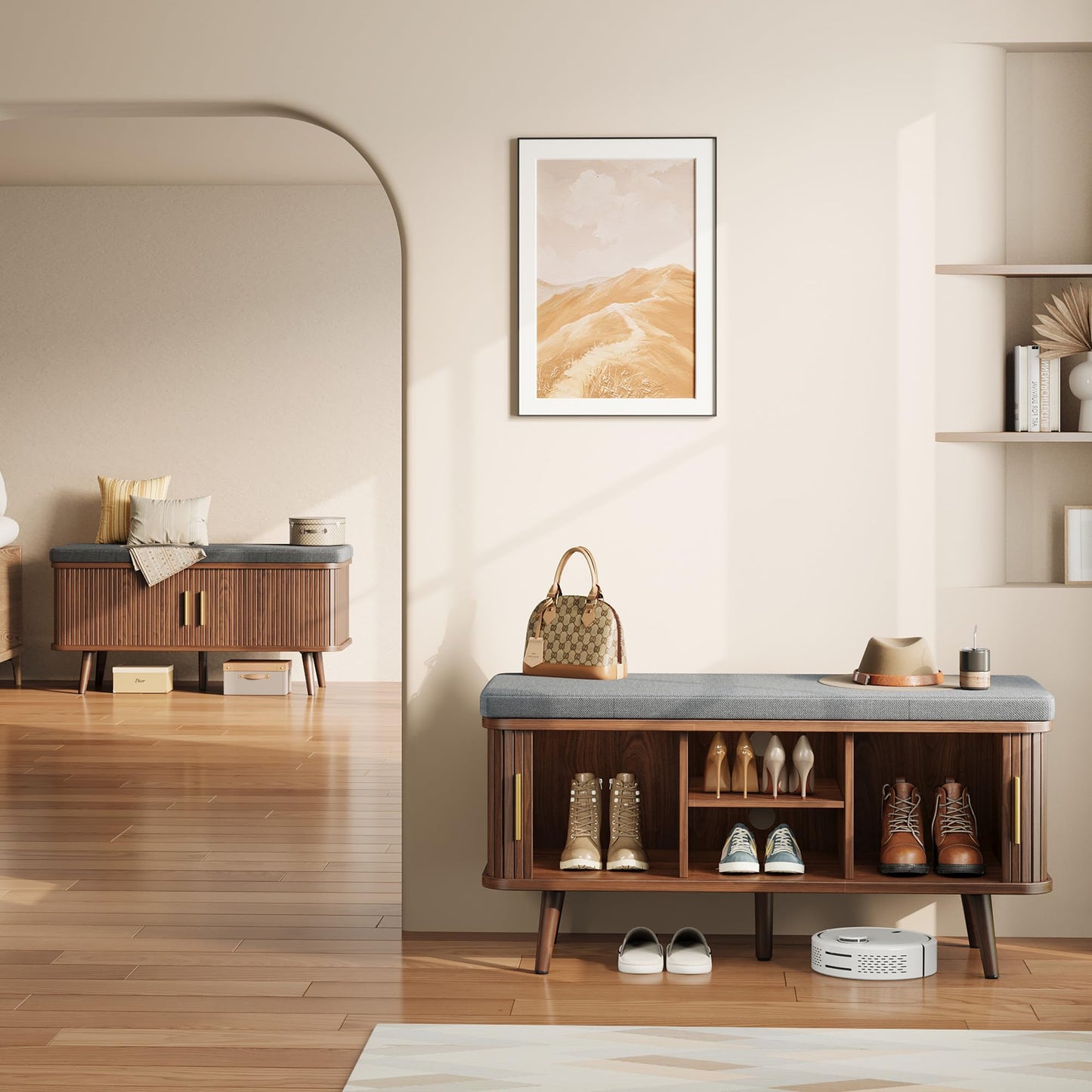 Decofy Storage Bench with Cushion and Sliding Doors