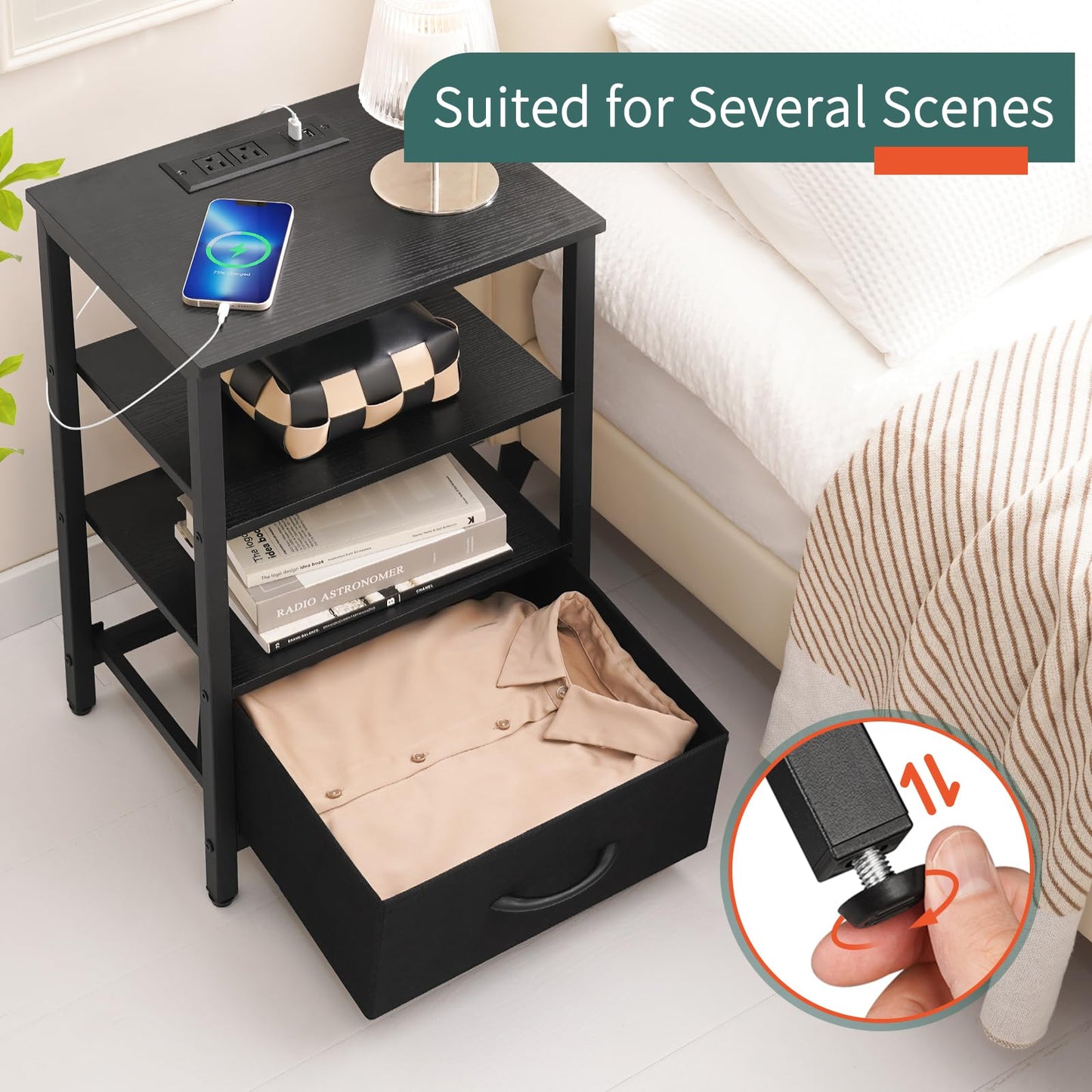 Yoobure End Table with Storage, LED Nightstand with Charging Station