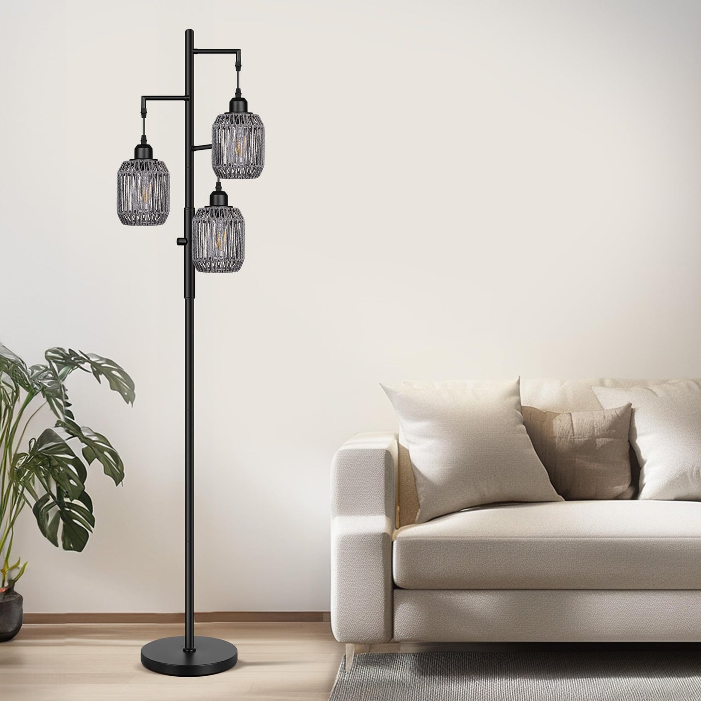 Dimmable Boho Floor Lamp with Rattan Shade for Living Room Decor