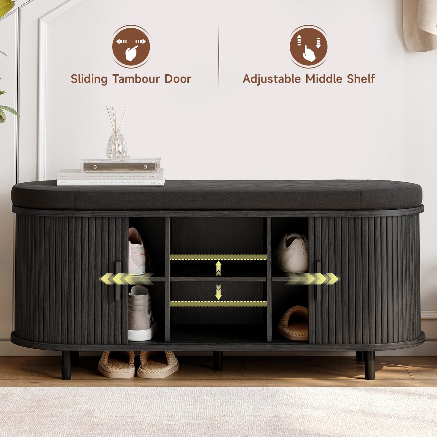 Fluted Shoe Storage Bench with Cushion, Sliding Door & Adjustable Shelf for Entryway