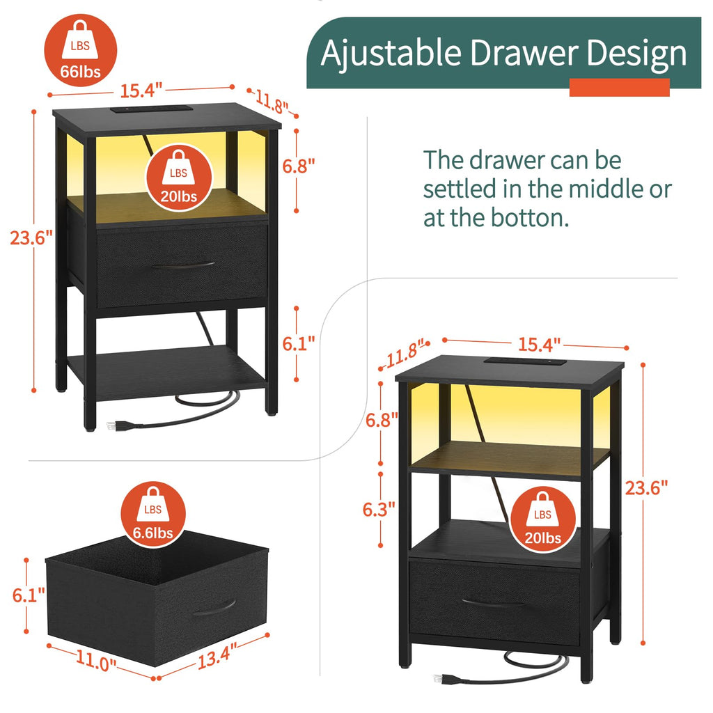 Yoobure End Table with Storage, LED Nightstand with Charging Station