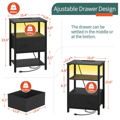 Yoobure End Table with Storage, LED Nightstand with Charging Station