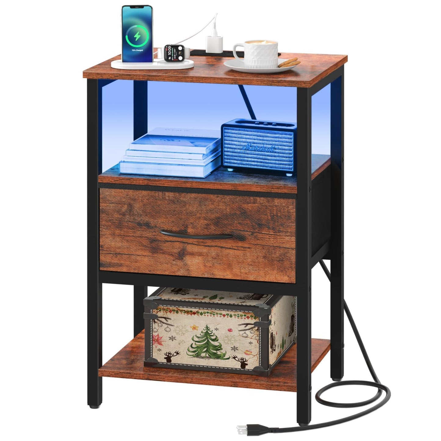 Yoobure End Table with Storage, LED Nightstand with Charging Station