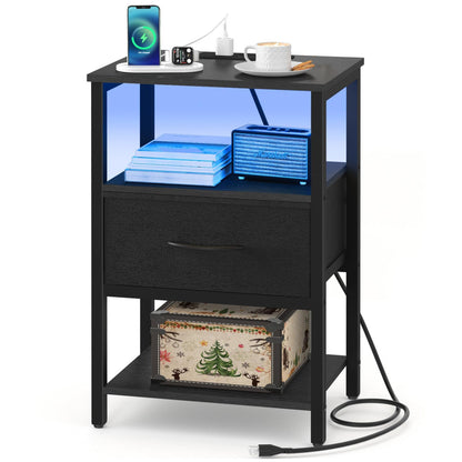 Yoobure End Table with Storage, LED Nightstand with Charging Station