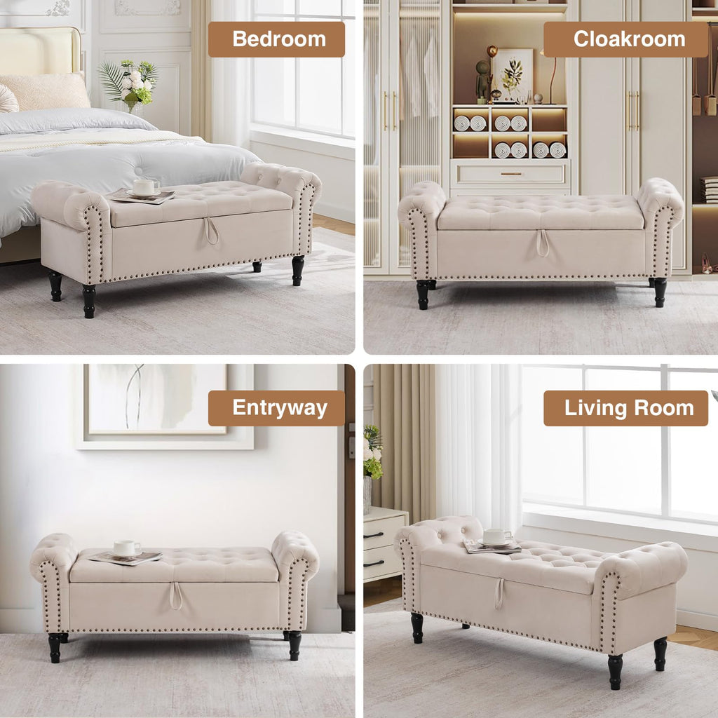 Velvet Tufted Storage Bench with Arms for Bedroom & Entryway