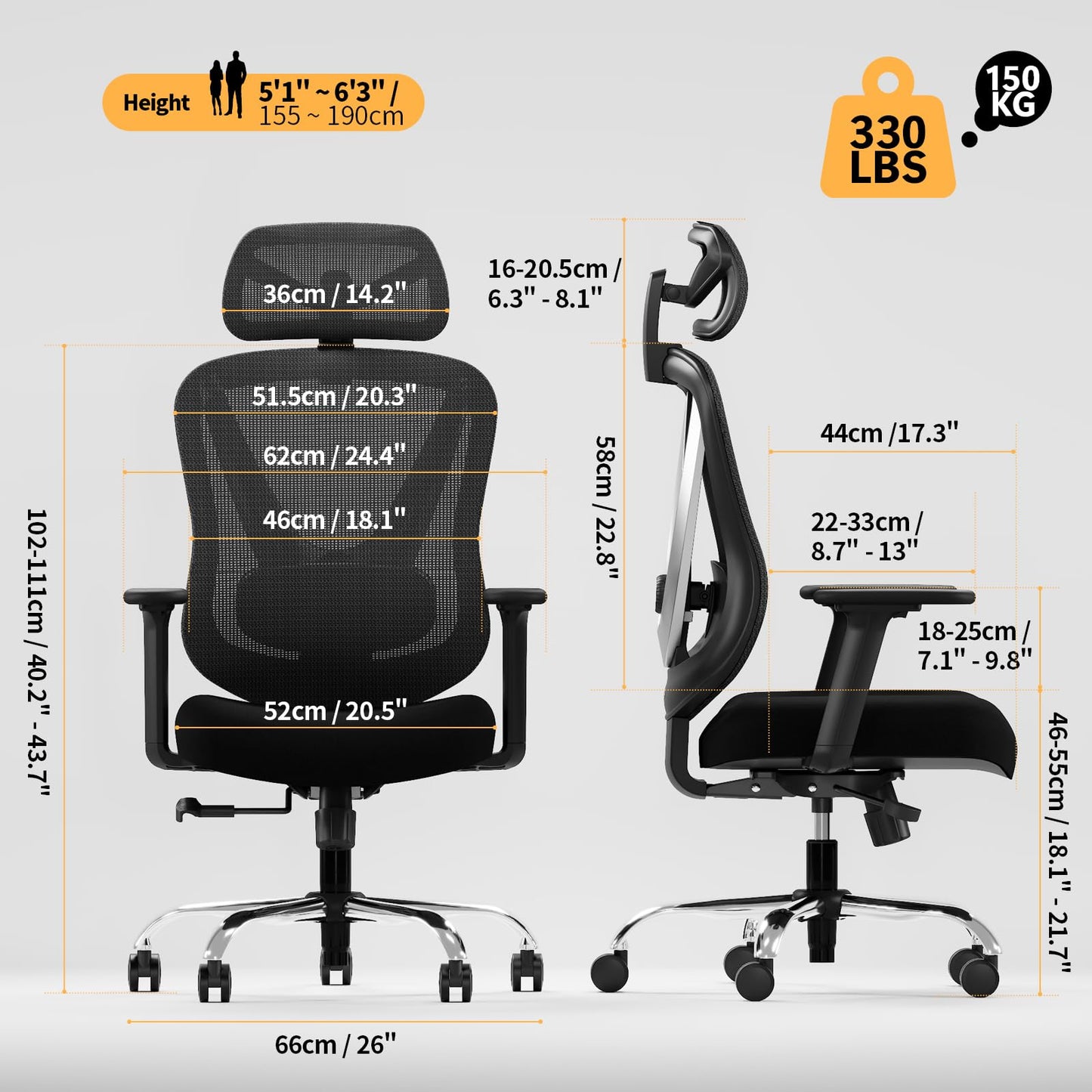 Ergonomic Office Chair with 3D Lumbar Support & Adjustable Armrests
