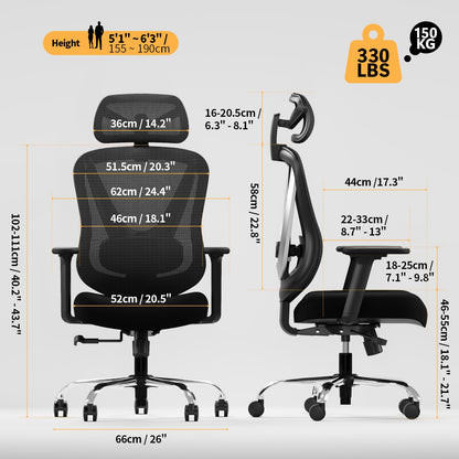 Ergonomic Office Chair with 3D Lumbar Support & Adjustable Armrests