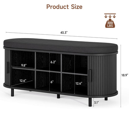 Fluted Shoe Storage Bench with Cushion, Sliding Door & Adjustable Shelf for Entryway