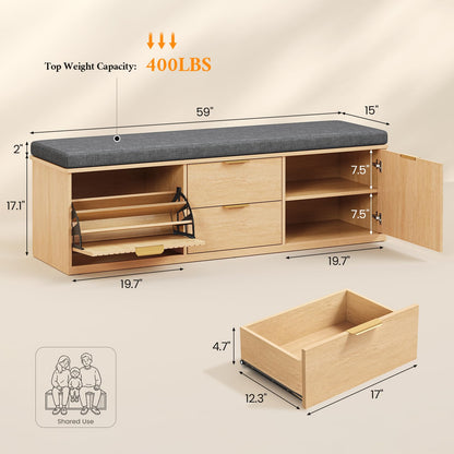 2-Tier Shoe Storage Bench with Drawer, Cushion & Adjustable Shelf for Entryway