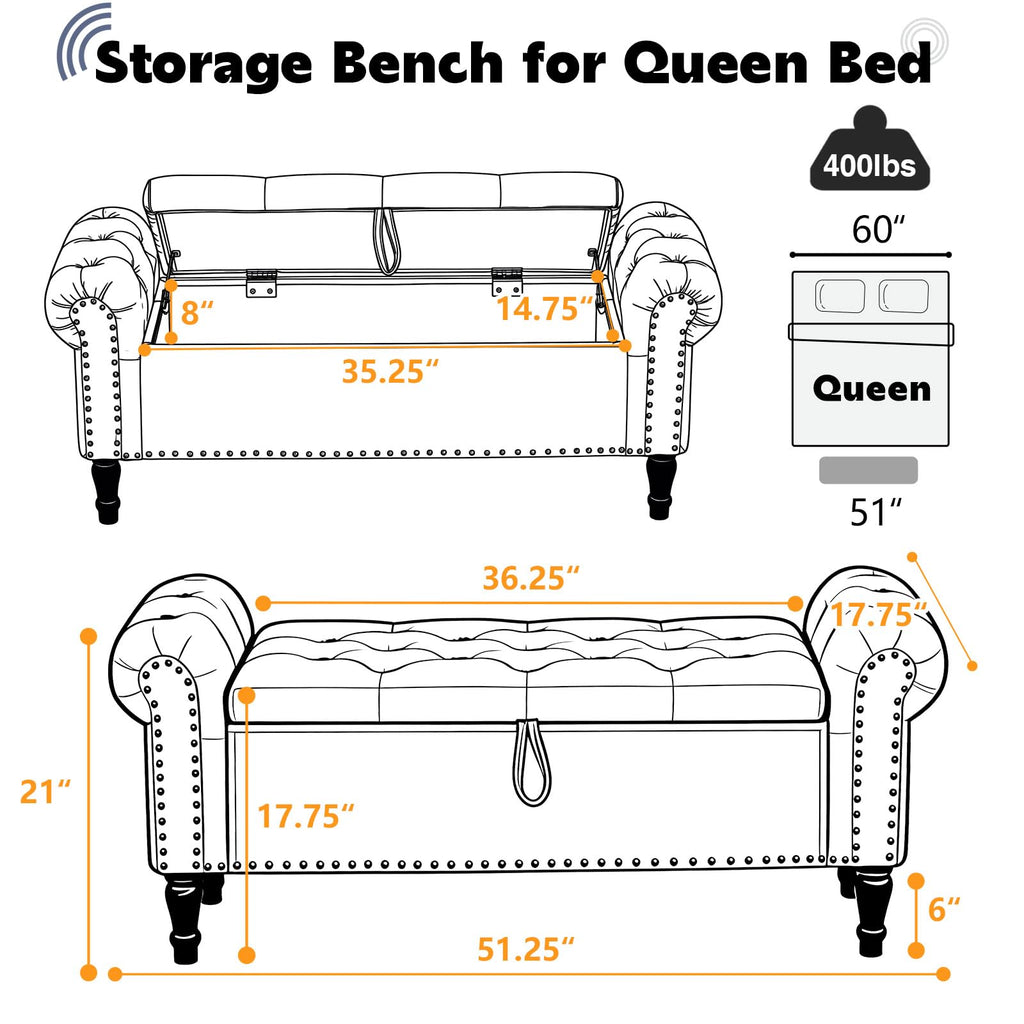 Velvet Tufted Storage Bench with Arms for Bedroom & Entryway