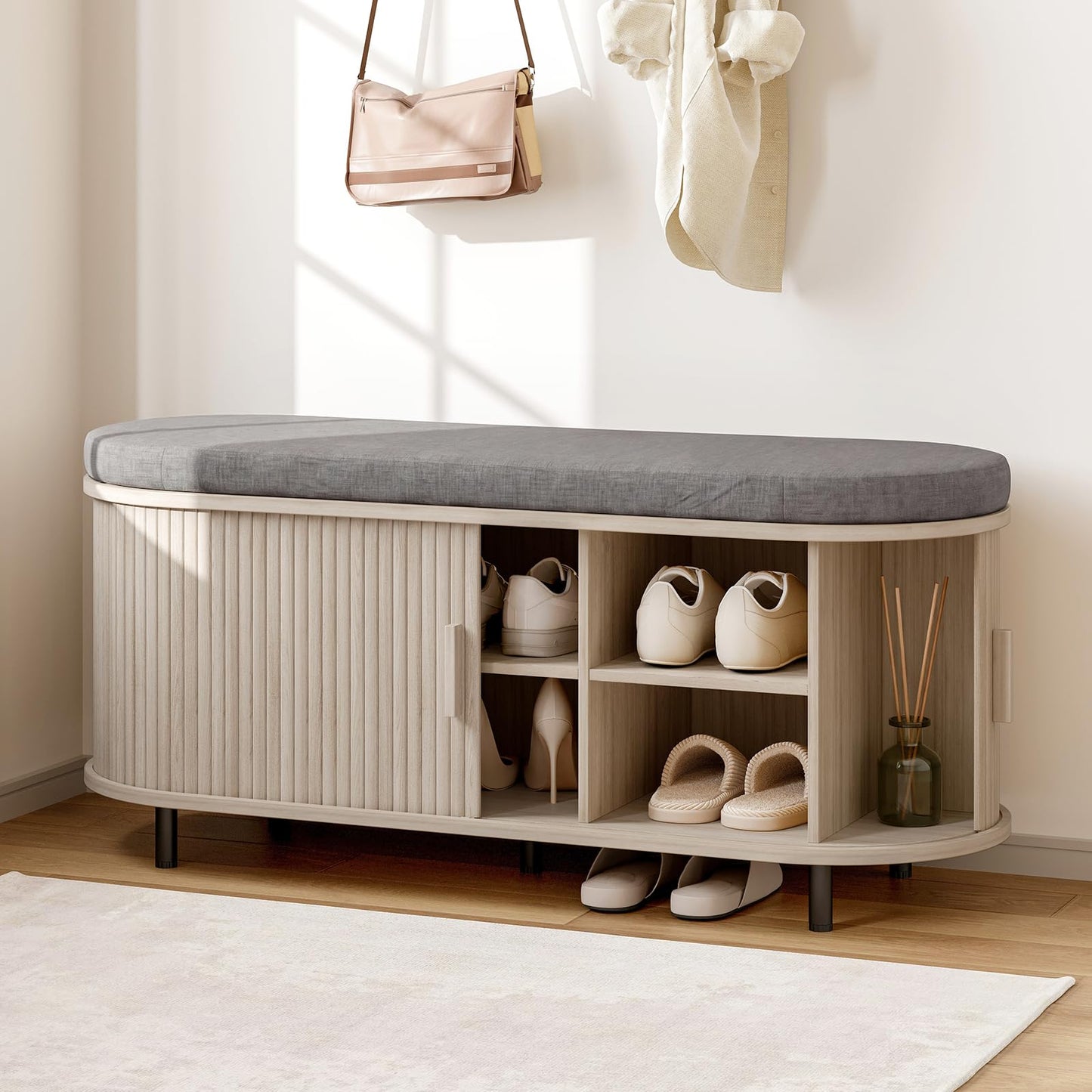 Fluted Shoe Storage Bench with Cushion, Sliding Door & Adjustable Shelf for Entryway