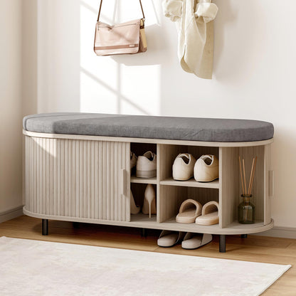 Fluted Shoe Storage Bench with Cushion, Sliding Door & Adjustable Shelf for Entryway
