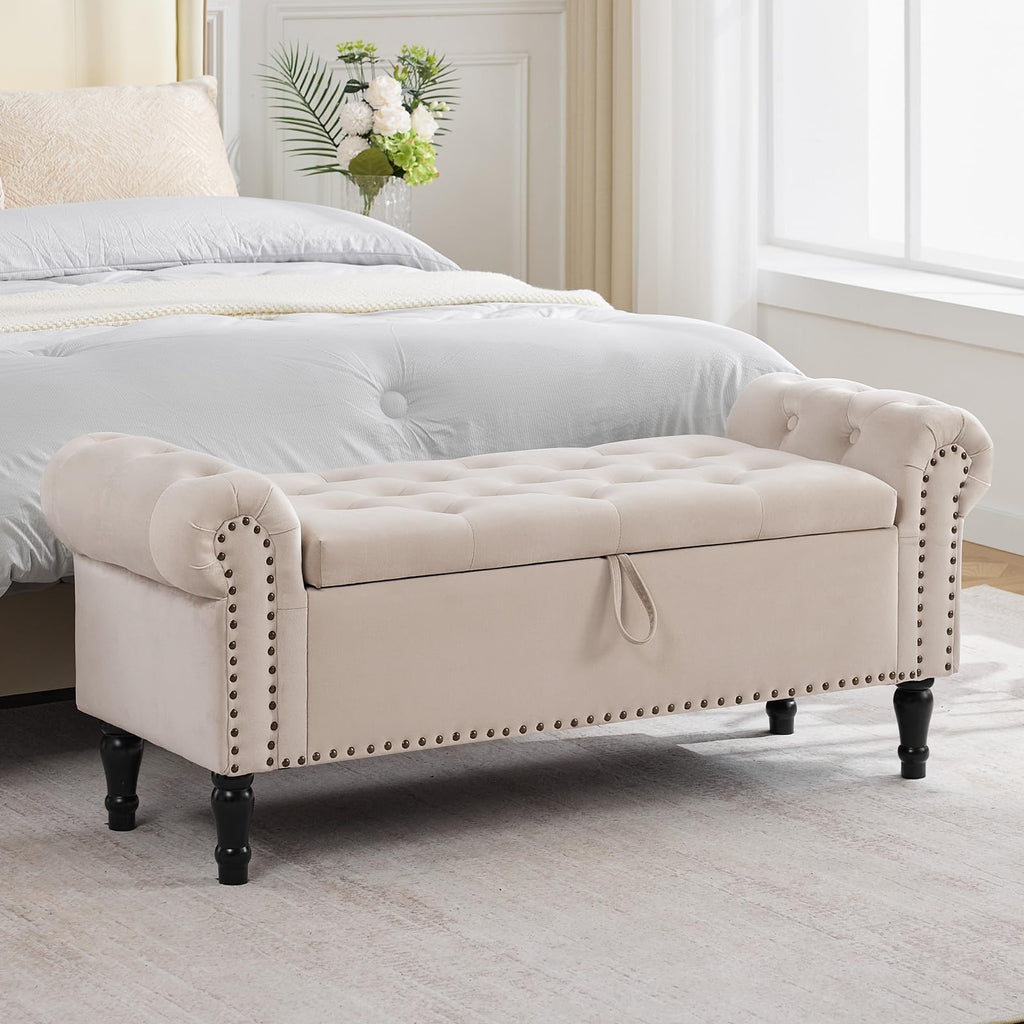 Velvet Tufted Storage Bench with Arms for Bedroom & Entryway