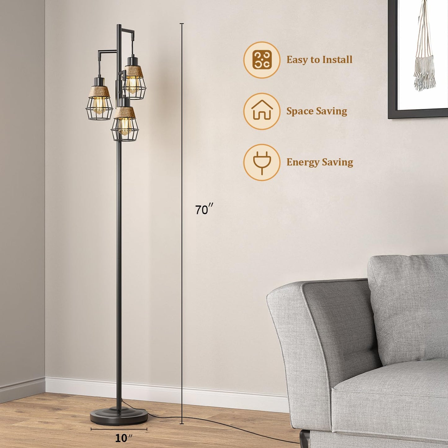 Industrial Boho Tall Floor Lamp for Living Room, Bedroom & Office