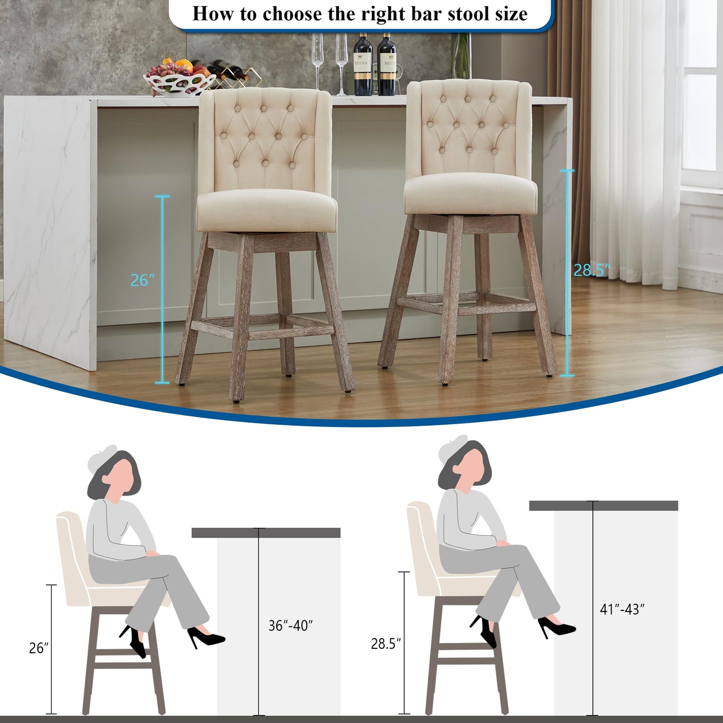 Modern Linen Upholstered Counter Height Bar Stools with Swivel & Wood Legs
