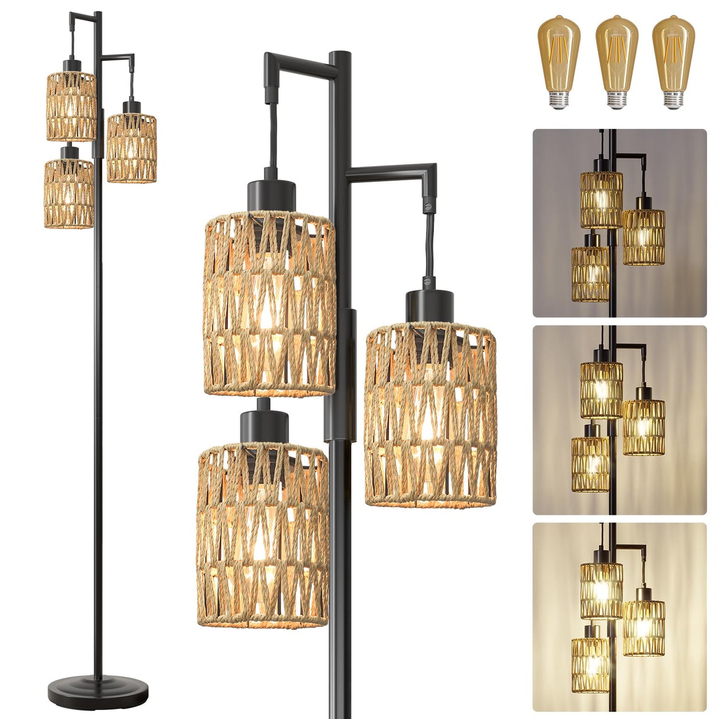 Industrial Boho Tall Floor Lamp for Living Room, Bedroom & Office
