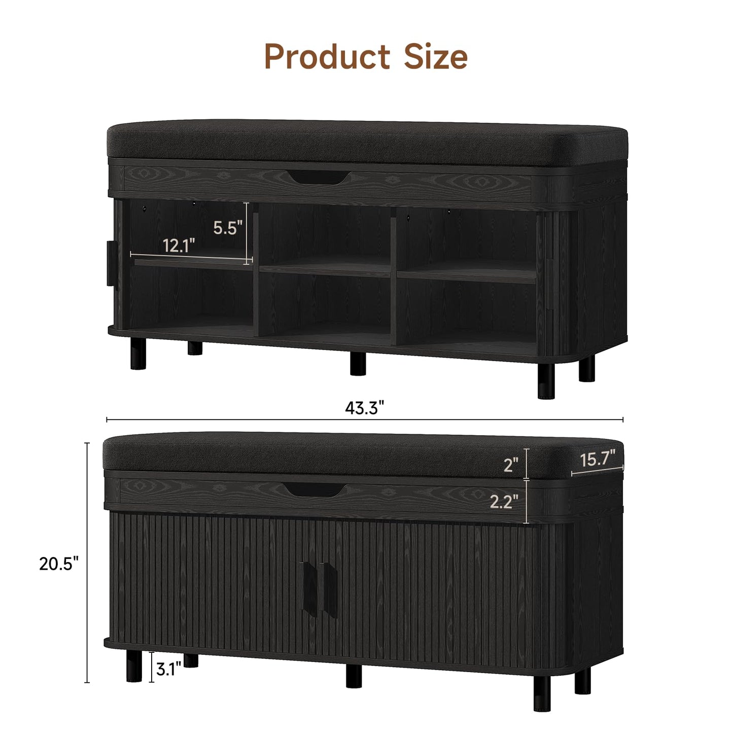 Fluted Shoe Storage Bench with Cushion and Adjustable Shelves for Entryway