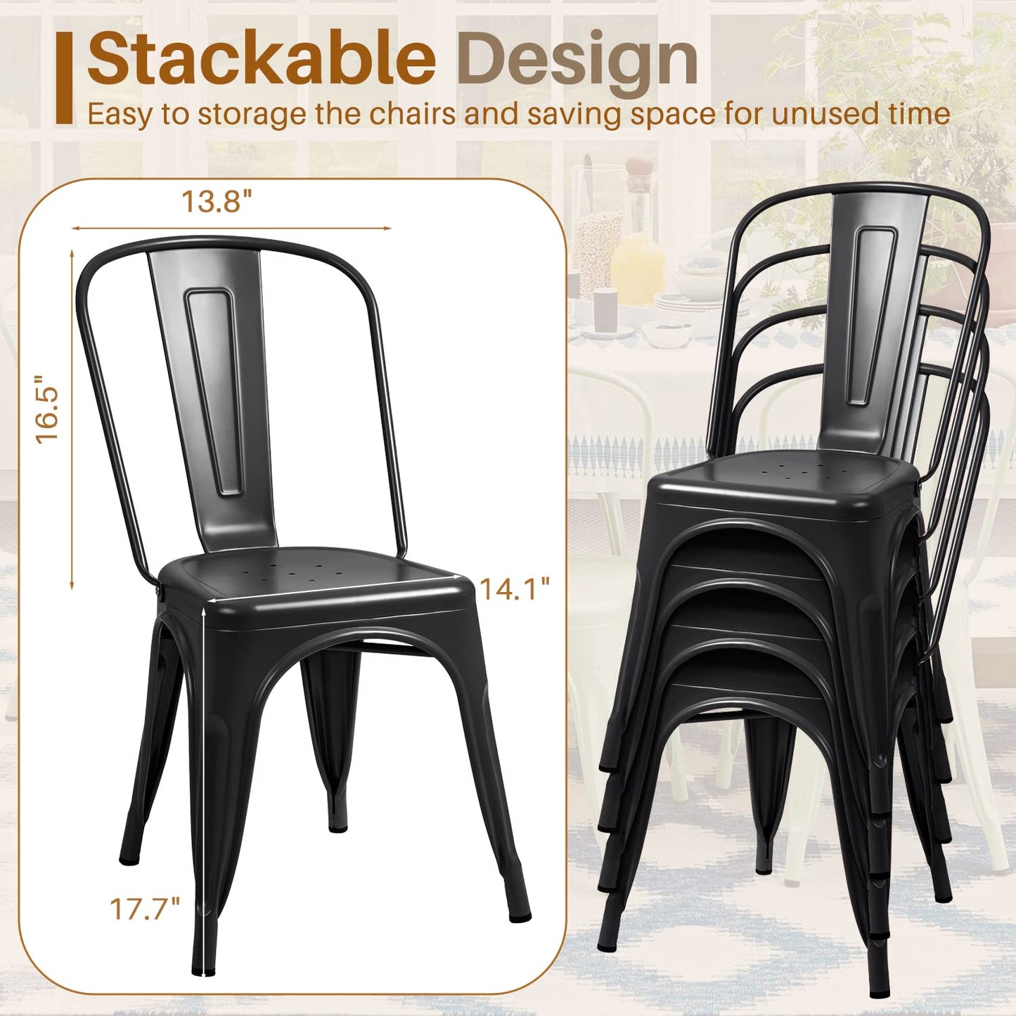 Stackable Metal Dining Chair Set with Classic Bistro Design for Indoor & Outdoor Use