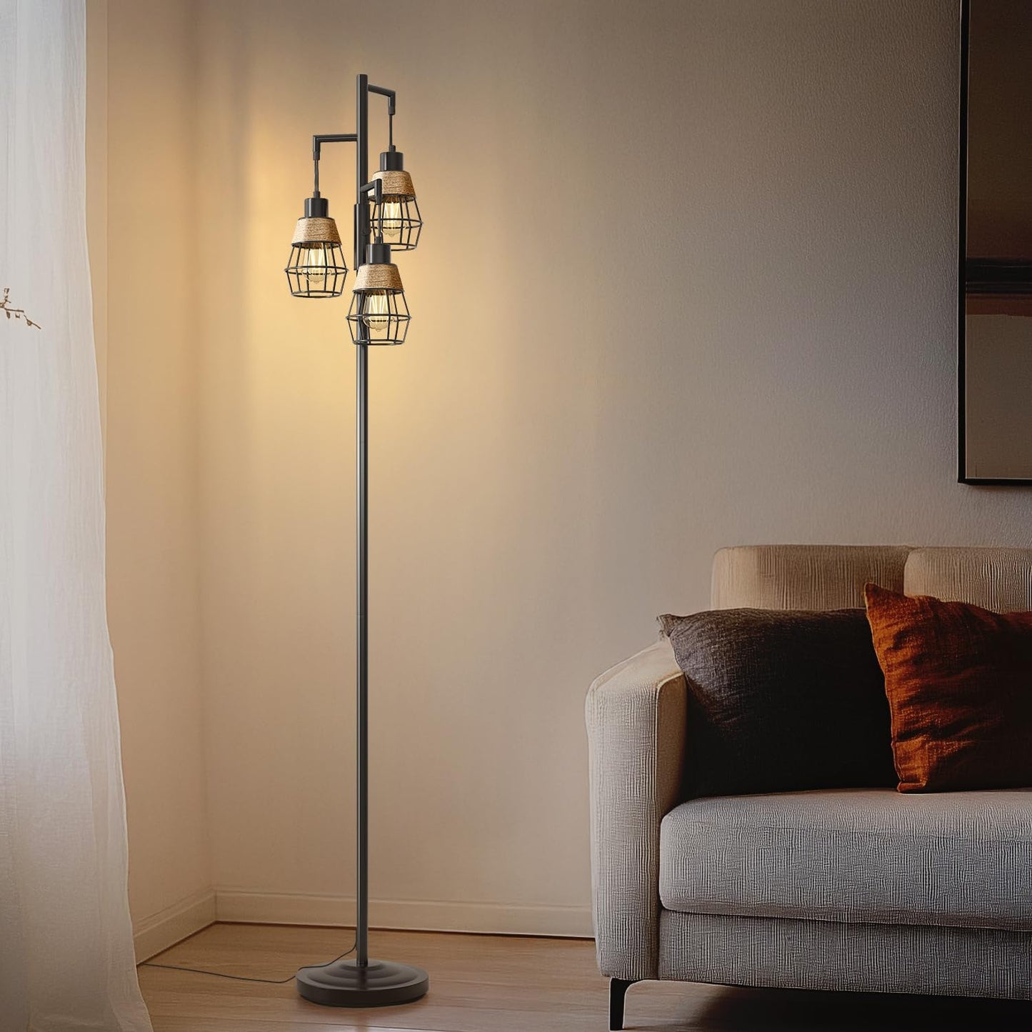 Industrial Boho Tall Floor Lamp for Living Room, Bedroom & Office