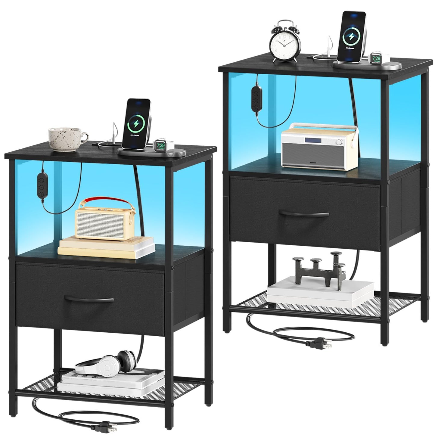 Somdot Nightstands with Charging Station & LED Light