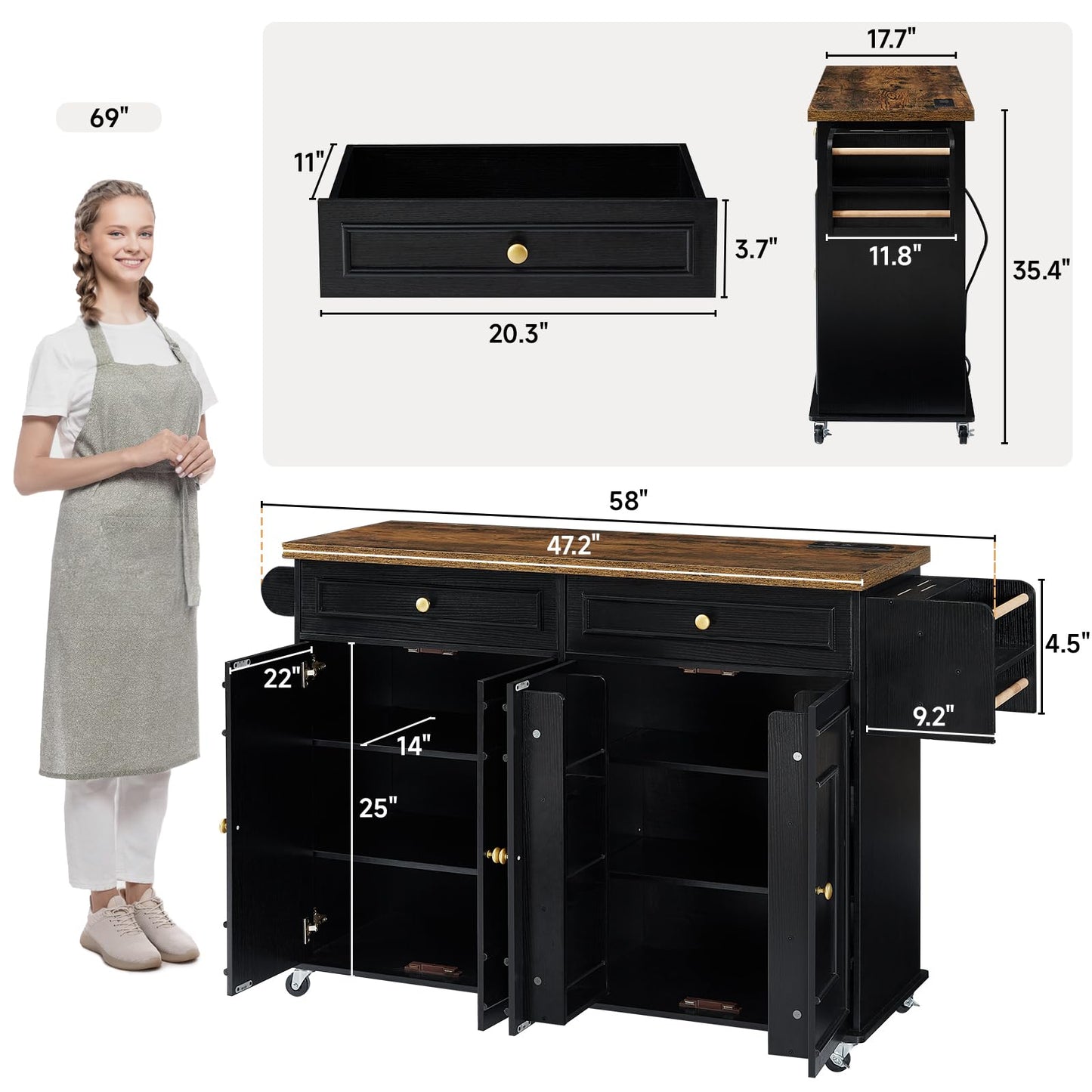 Mobile Kitchen Island Cart with Storage, Power Outlet & Spice Rack Organizer