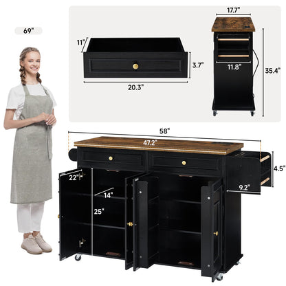 Mobile Kitchen Island Cart with Storage, Power Outlet & Spice Rack Organizer