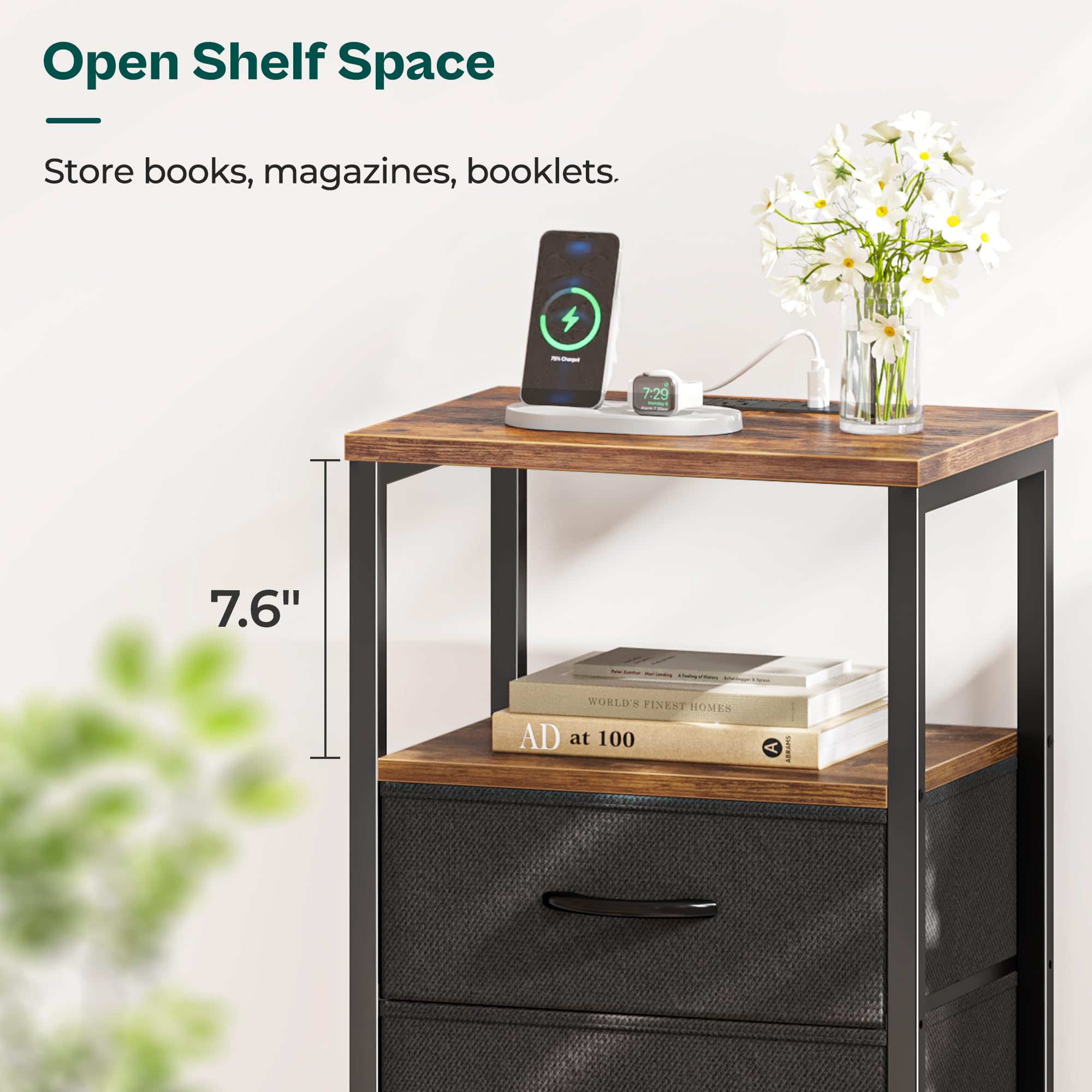 Nightstand Set with Charging Station, USB Ports & Fabric Drawers