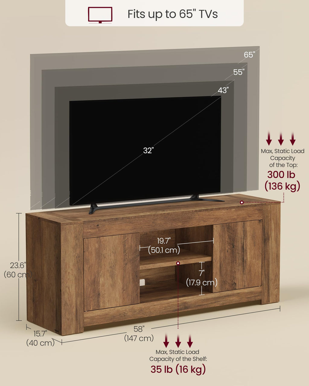 Modern Farmhouse TV Stand with Adjustable Shelves & Storage Cabinets
