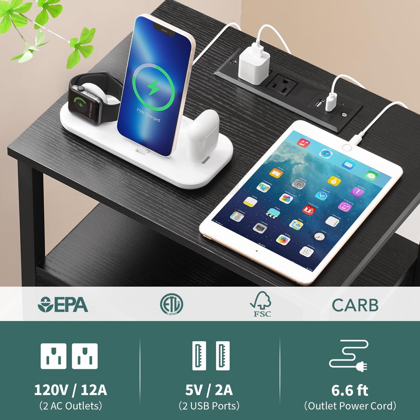 Yoobure End Table with Storage, LED Nightstand with Charging Station