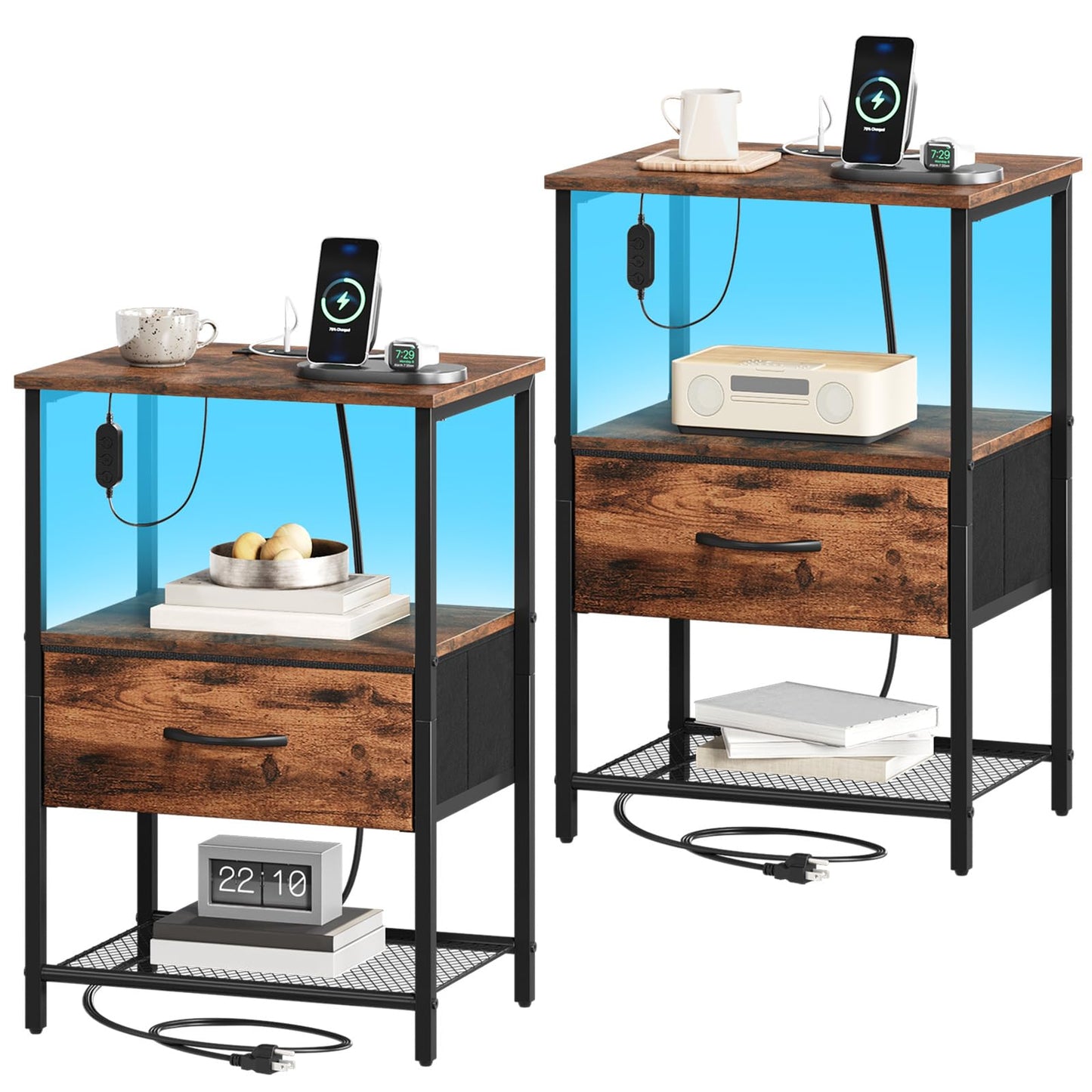 Somdot Nightstands with Charging Station & LED Light