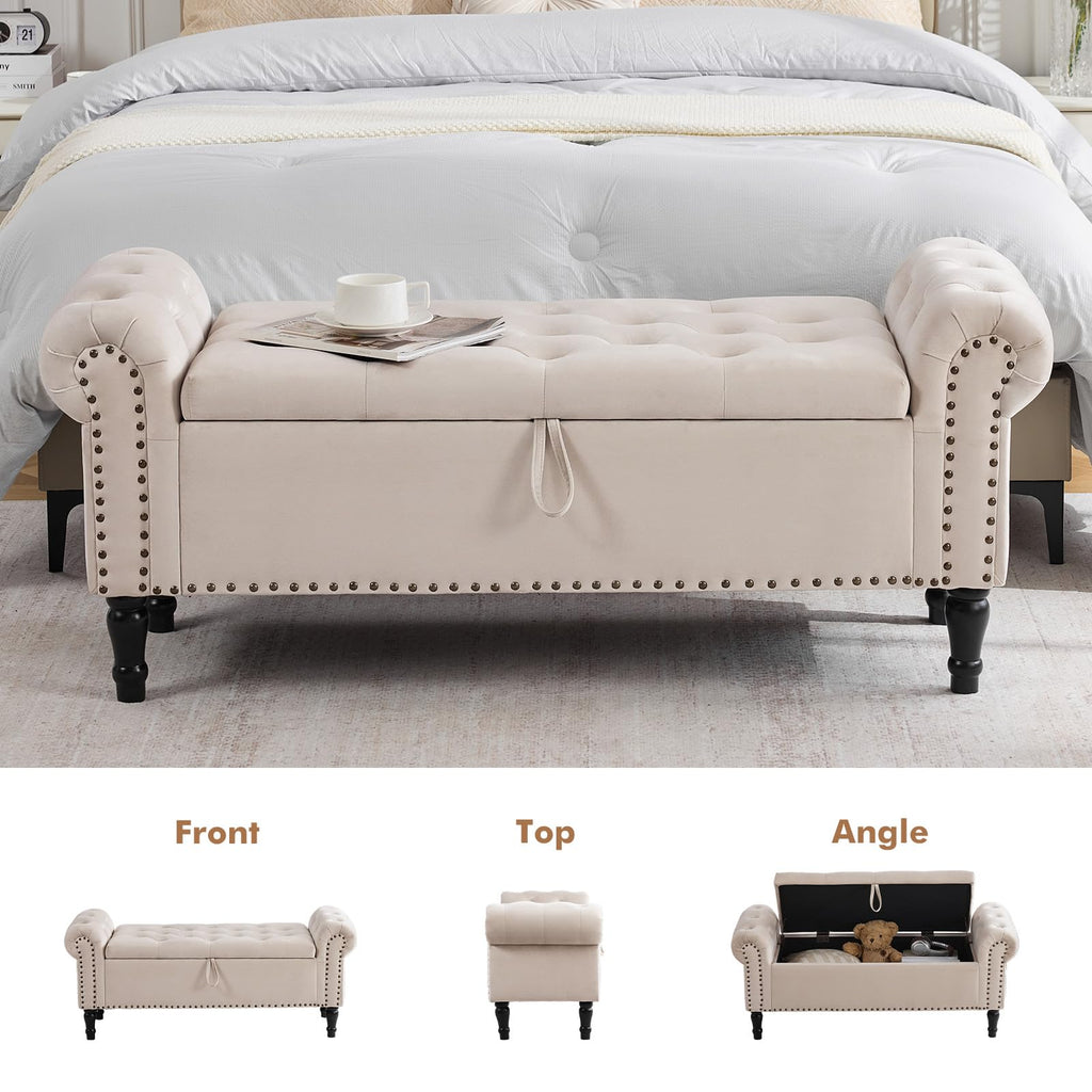 Velvet Tufted Storage Bench with Arms for Bedroom & Entryway