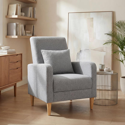 Mid Century Modern Upholstered Accent Chair with Wood Legs & Pillow