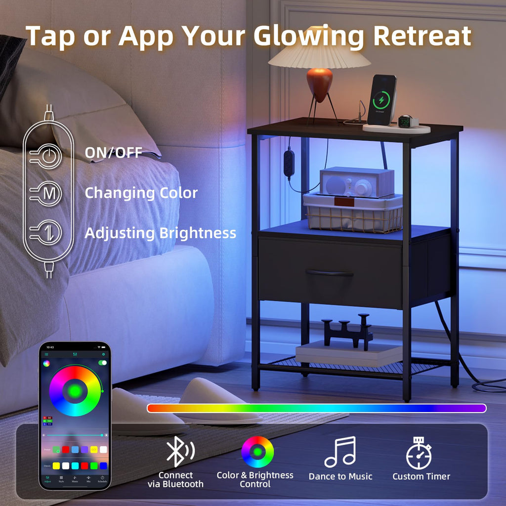 Somdot Nightstands with Charging Station & LED Light
