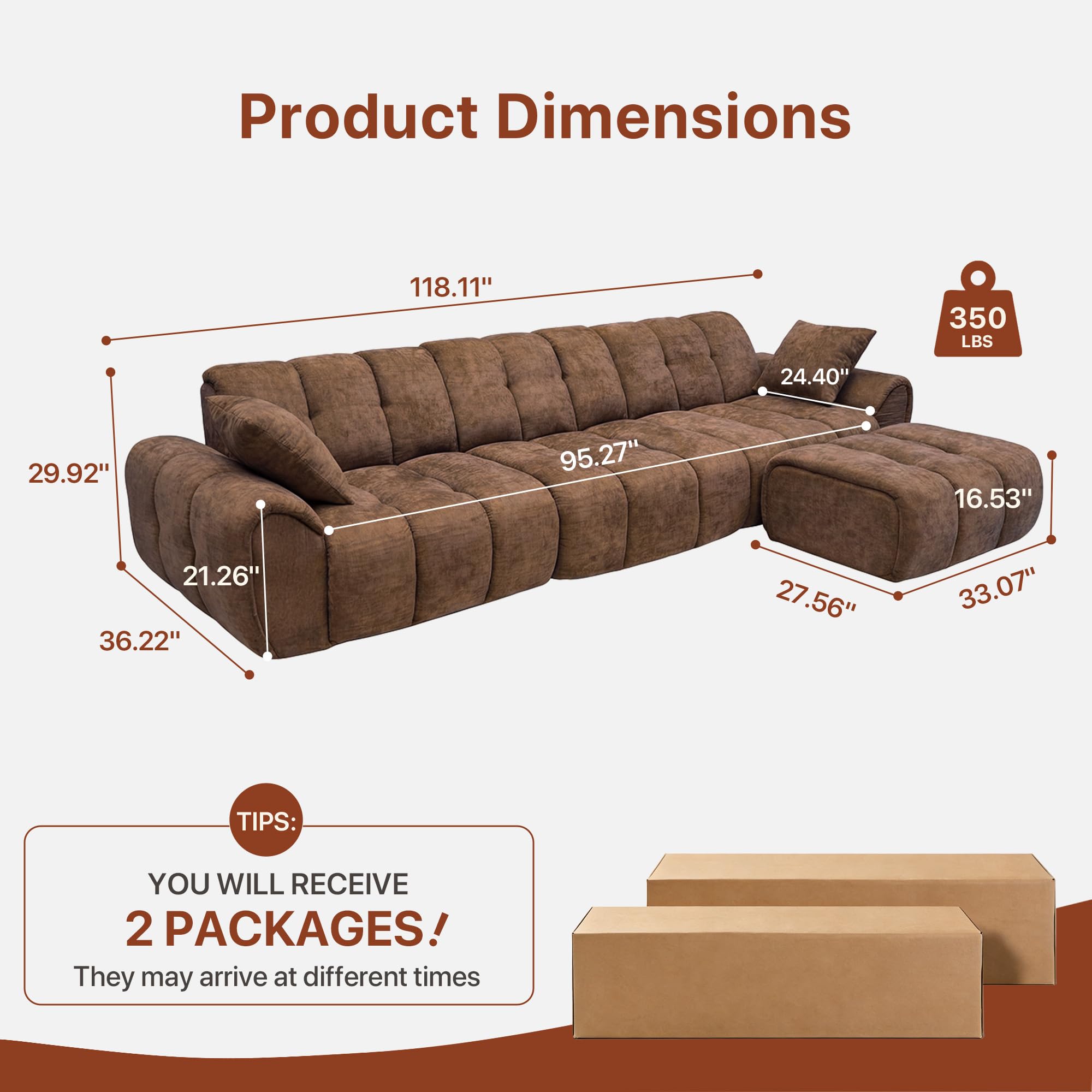 Claiks 118" Modular Boneless Couch, Sectional Couches for Living Room