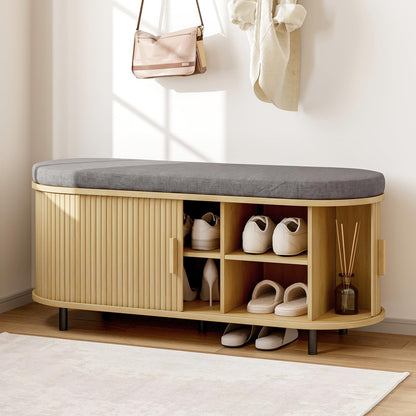 Fluted Shoe Storage Bench with Cushion, Sliding Door & Adjustable Shelf for Entryway