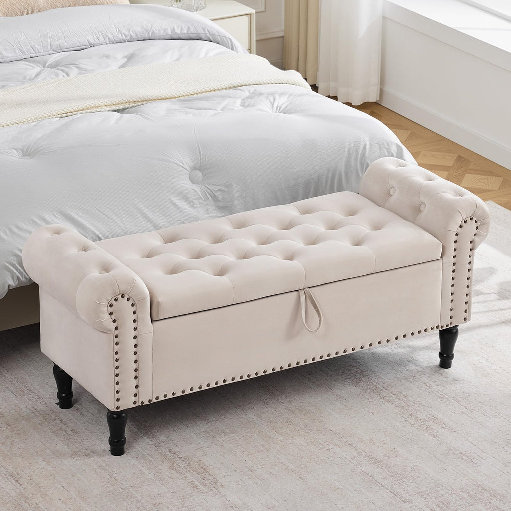 Velvet Tufted Storage Bench with Arms for Bedroom & Entryway