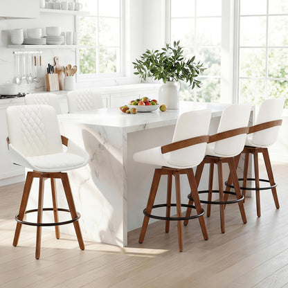 Mid Century Modern Swivel Bar Stools with Faux Leather Upholstery & Walnut Legs