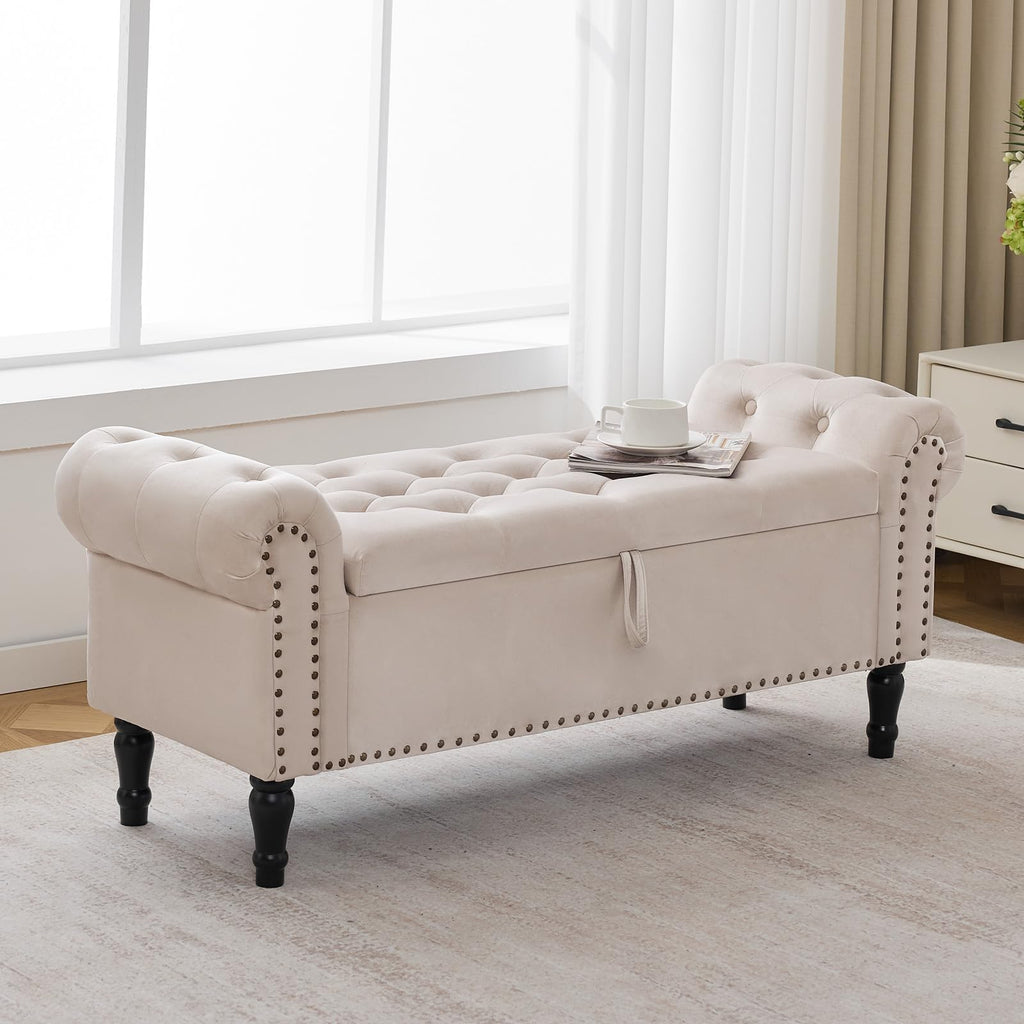 Velvet Tufted Storage Bench with Arms for Bedroom & Entryway